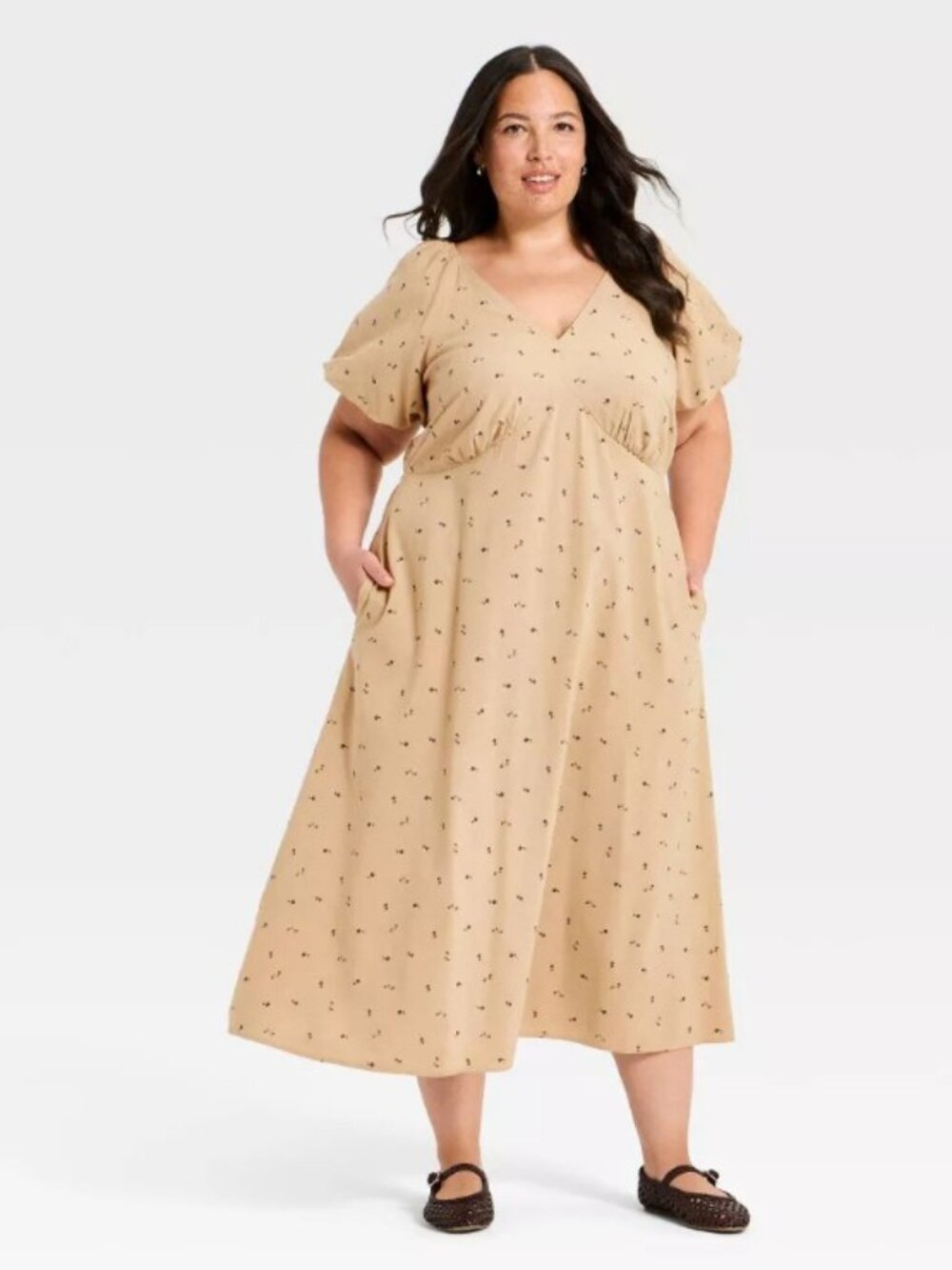 Universal Thread Tan Print Floral Puff Sleeve Midi Dress NWT XXL Cotton Blend - Picture 2 of 4